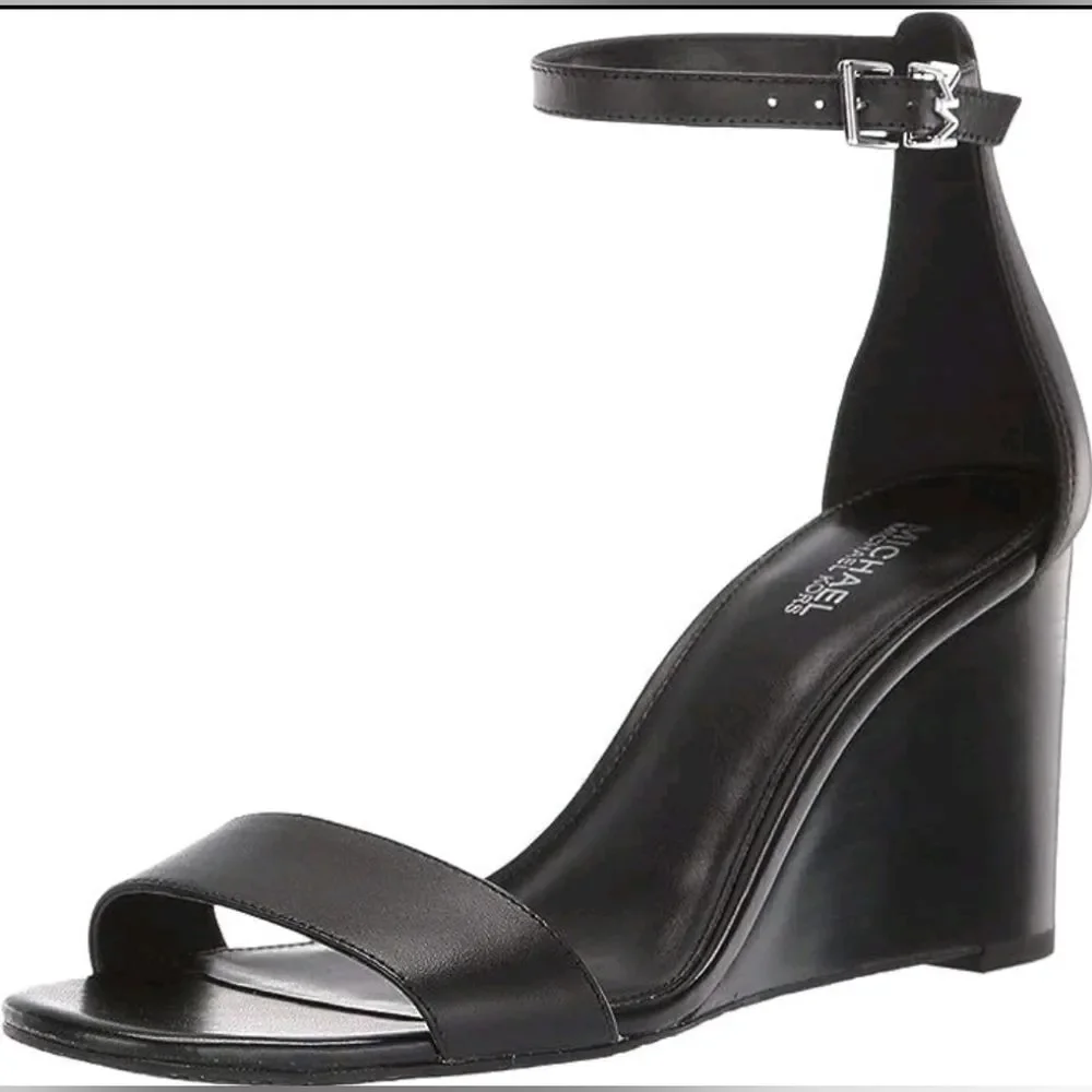 Michael Kors MK Fiona Designer Black Strappy Leather Heels Wedge 8.5